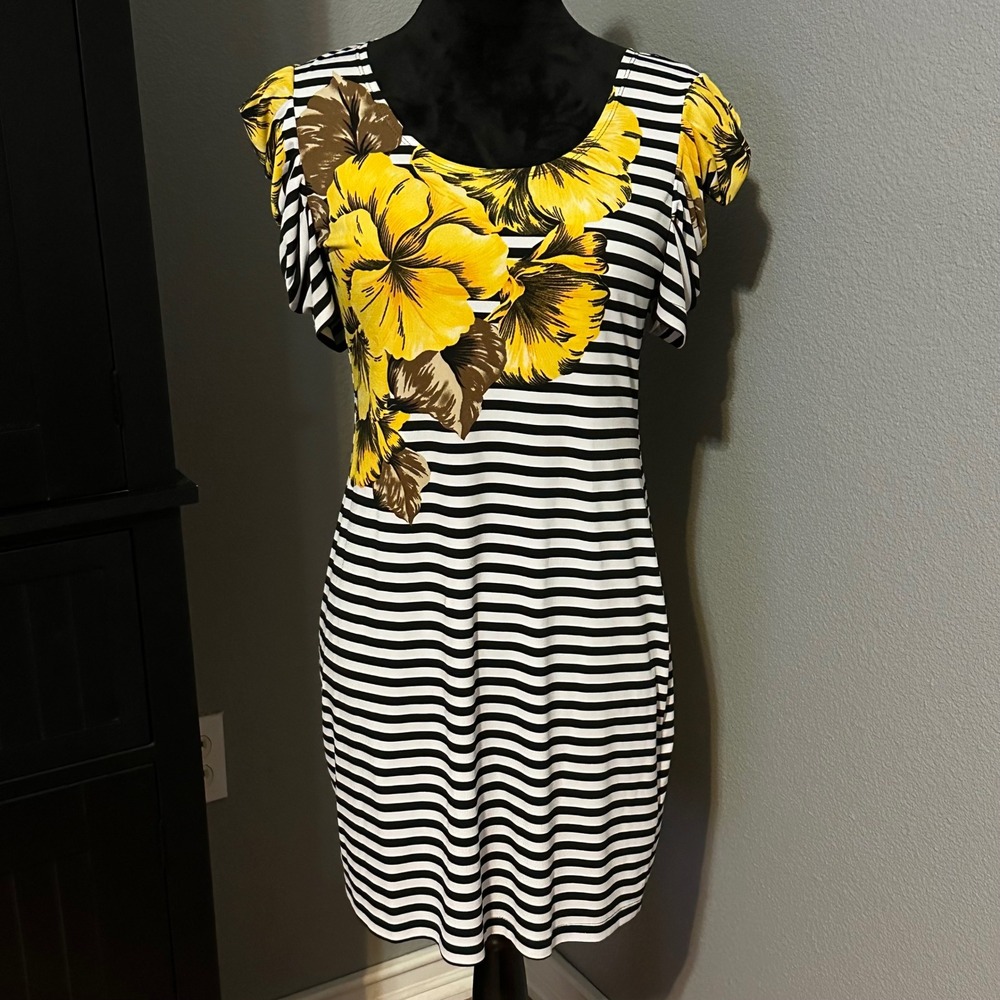 Sweet Storm Dress Medium Black White Stripe Yellow Floral Sheath Retro Pinup